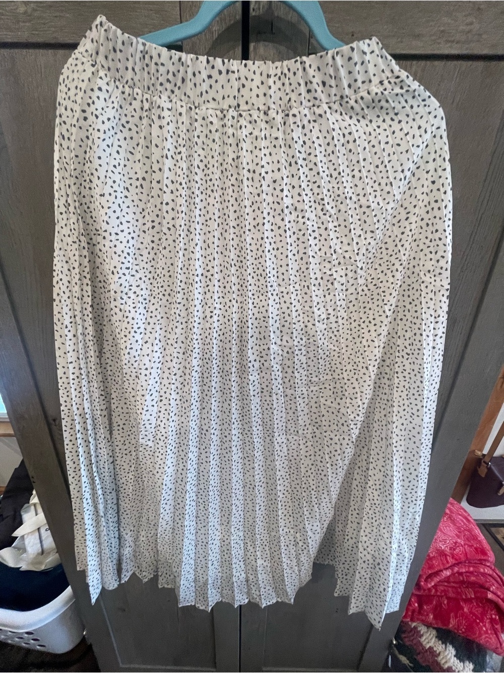 White Pleated Midi Skirt with Black Dot Pattern